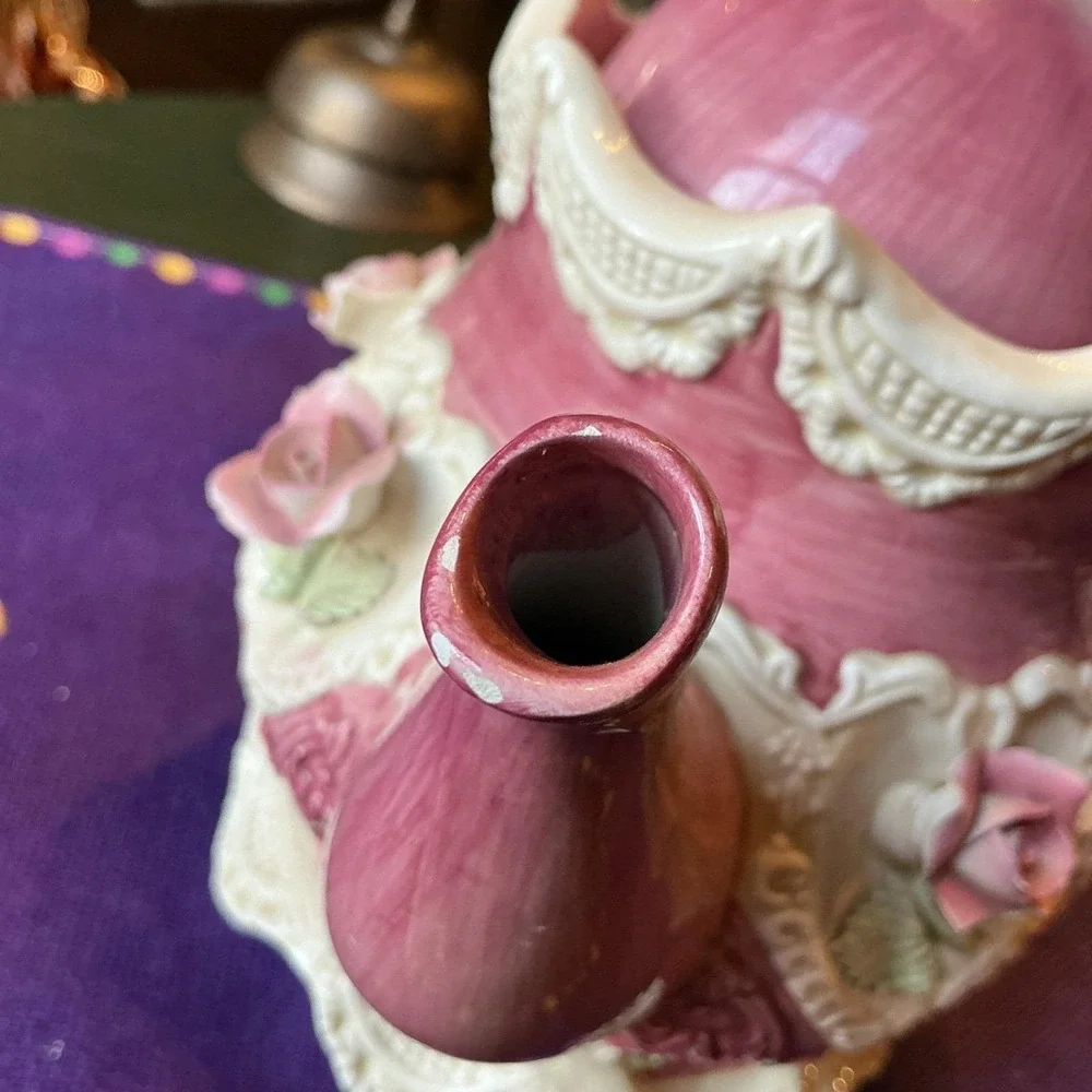 Antique‎ Majolica Teapot Pink Victorian 3D Roses (Damaged)